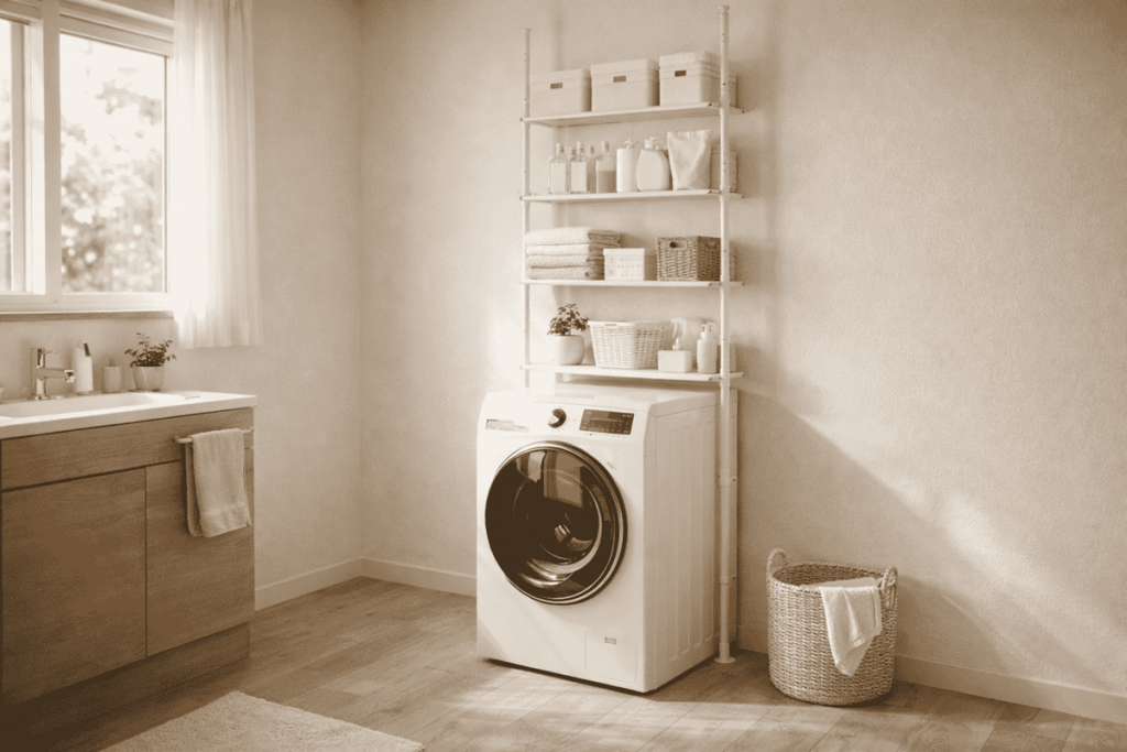 マンションの収納が足りないなら：洗濯機上の空間を使う