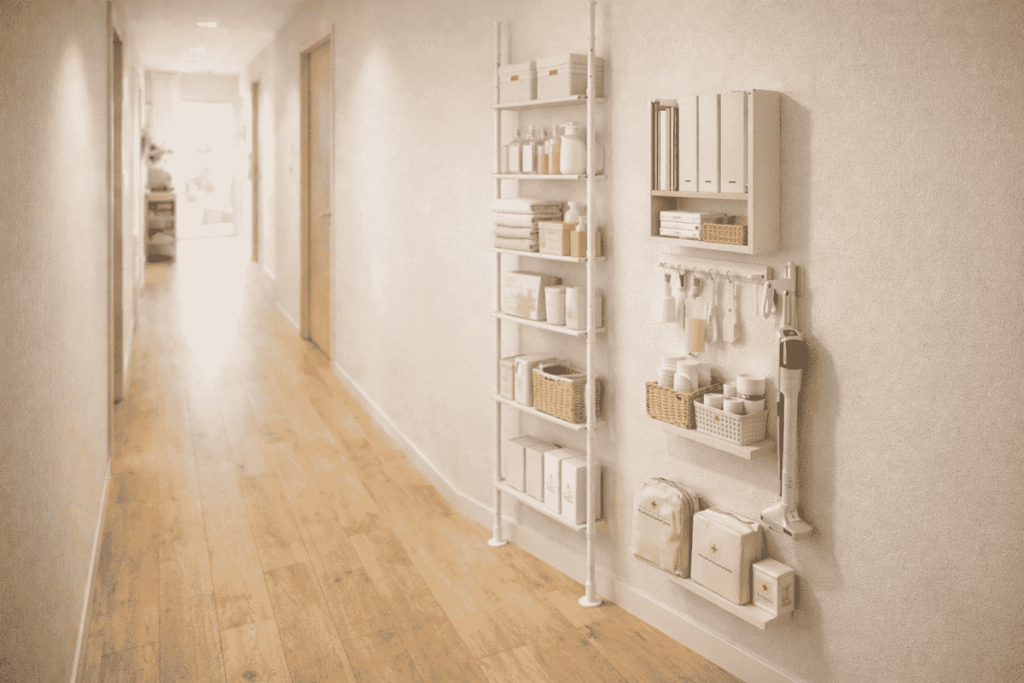 マンションの収納が足りないなら：廊下の壁面を使う
