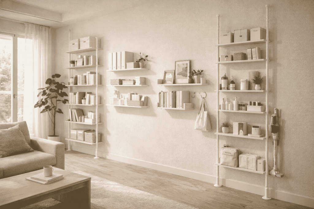 マンションの収納が足りないなら：リビングの壁面を使う